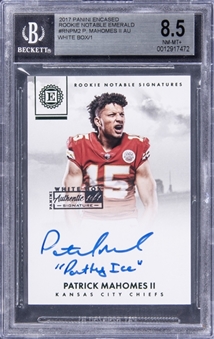 2017 Panini Encased "Rookie Notable Signatures" Emerald #RNPM2 Patrick Mahomes II Signed & Inscribed "Patty Ice" White Box Rookie Card (#1/1) - BGS NM-MT+ 8.5/BGS 10